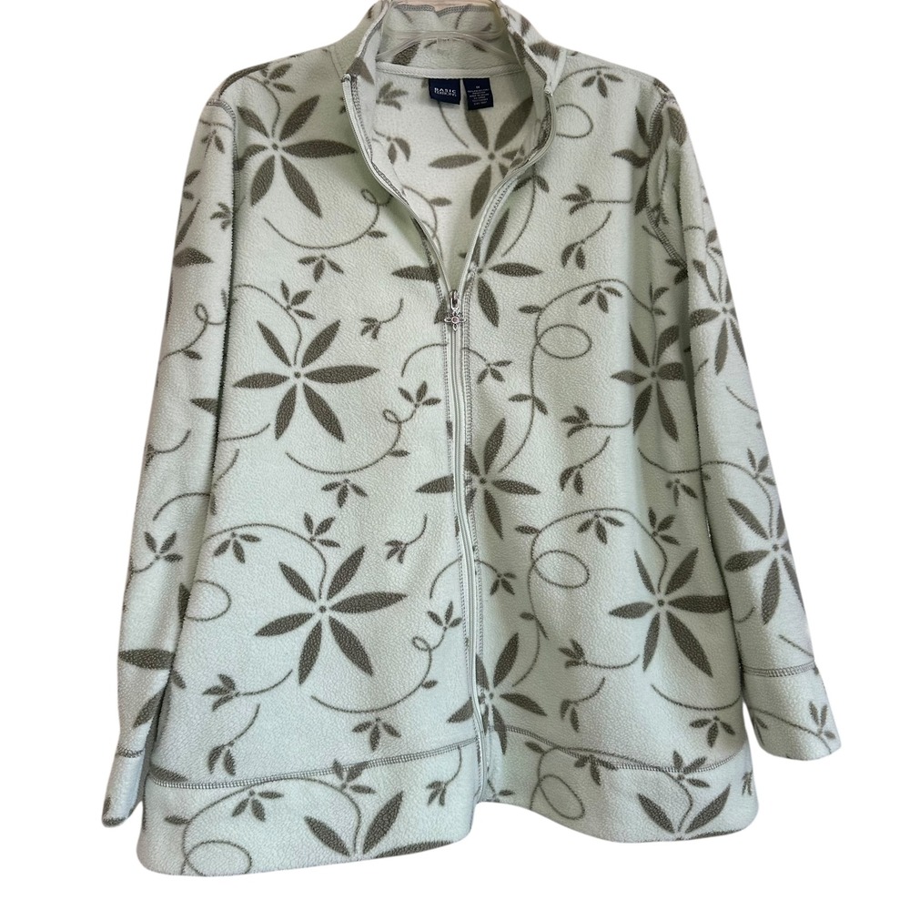 Womens‎ 1X Mint Olive Green Floral Fleece Zip Up Jacket Cozy Loungewear Casual